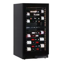 WINE DISPLAY COOLER - Mod EY120I2VD NL - Ventilated - Temperature +2°/+12°C / +12°/+20°C - 1 glass door - Structure in black painted sheet metal - Gross capacity 270 lt - Power 115 W - Power supply 220/50Hz single-phase - Dimensions cm L 59,5 x D 69 x H 1