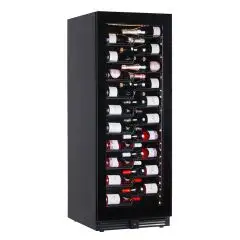 WINE DISPLAY COOLER - Mod EY160I1VD NL - VENTILATED - TEMPERATURE °C +2/+20 - 1 GLASS DOOR - BLACK LACQUERED SHEET METAL STRUCTURE - GROSS CAPACITY Lt. 386 - POWER 130 W - POWER SUPPLY 220/50Hz SINGLE-PHASE - DIMENSIONS cm L 59,5 x D 69 x H 160
