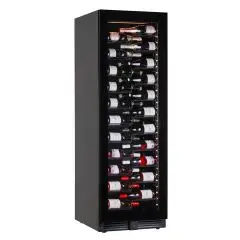 WINE DISPLAY COOLER - Mod. EY180I1VD NL - VENTILATED - TEMPERATURE °C +2/+20 - N. 1 GLASS DOOR - STRUCTURE IN BLACK PAINTED SHEET METAL - GROSS CAPACITY Lt. 438 - POWER W 130 - POWER SUPPLY 220/50Hz SINGLE PHASE - DIMENSIONS cm L 59,5 x D 69 x H 180