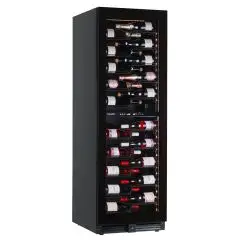 WINE DISPLAY COOLER - Mod. EY180I2VD NL - VENTILATED - TEMPERATURE +2°/+12°C / +12°/+20°C - N. 1 GLASS DOOR - BLACK PAINTED SHEET METAL STRUCTURE - GROSS CAPACITY Lt. 434 - POWER W 130 - POWER SUPPLY 220/50Hz SINGLE-PHASE - DIMENSIONS CM L 59,5 x D 69 x H