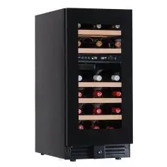 WINE DISPLAY COOLER - Mod EY37I2VD NL - Ventilated - Temperature +2°/+12°C / +12°/+20°C - 1 glass door - Structure in black painted sheet metal - Gross capacity 86 lt - Power 80 W - Power supply 220/50Hz single-phase - Dimensions cm L 38 x D 57,3 x H 82