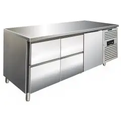 REFRIGERATED TABLE - AISI 304 STAINLESS STEEL - VENTILATED - Mod CXF3140TN - GASTRONORM 1/1 (53 x 32,5 cm) - 1 REFRIGERATED DOOR - 4 REFRIGERATED DRAWERS - CAPACITY 358 lt - TEMPERATURE -2°/+8°C - Dimensions cm L 179,5 x D 70 x H 86