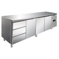 REFRIGERATED TABLE - AISI 304 STAINLESS STEEL - VENTILATED - Mod CXF4130TN - GASTRONORM 1/1 (53 x 32,5 cm) - 3 REFRIGERATED DOORS - 3 REFRIGERATED DRAWERS - CAPACITY 476 lt - TEMPERATURE -2°/+8°C - Dimensions cm L 223 x D 70 x H 86 - CE Standard