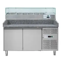 REFRIGERATED PIZZA COUNTER - STAINLESS STEEL - WITH PREP UNIT DISPLAY - COUNTER SUITABLE FOR PIZZA CONTAINERS cm 60x40 - VENTILATED COOLING - Mod DB2600TN38 - DOUBLE SOLID DOOR - Temperature range -2°/+8°C - Dimensions cm L151 x D80 x h143,5
