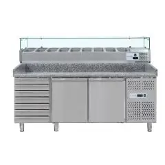 REFRIGERATED PIZZA COUNTER - STAINLESS STEEL - WITH PREP UNIT DISPLAY - COUNTER SUITABLE FOR PIZZA CONTAINERS cm 60x40 - VENTILATED COOLING - Mod DB2610TN38 - DOUBLE SOLID DOOR + 1 AMBIENT DRAWER UNIT - Temperature range -2°/+8°C - Dimensions cm L202,5 x 
