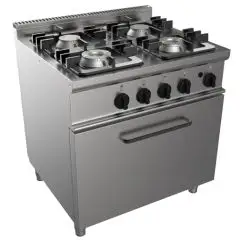 GAS COOKER, FREE-STANDING, 4-BURNERS - MOD. G7NURG4FO4M - With pilot light - Gas oven, static GN 2/1 cm L 68,5 x D 53 x 35 H - Total power kW 25,9 - Dimensions: cm L 80 x D 70 x H 85 - CE approved