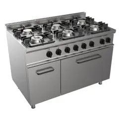 GAS COOKER, FREE-STANDING, 6-BURNERS - MOD. G7NURG8FH6O - With pilot light - Electric oven, static GN 2/1 cm L 68,5 x D 53 x 35 H - Cupboard with hinged door - Gas power kW 27 - Dimensions: cm L 120 x D 70 x H 85 - CE approved