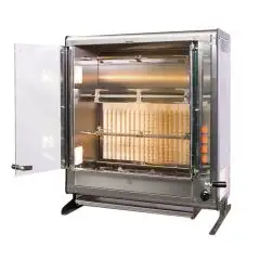 ELECTRIC VERTICAL ROTISSERIE - MOD. ELBA12/PE 4 ASTE - CAPACITY N 12 CHICKENS - N 4 stainless steel tubular rod mm 12 x 12 mm Lenght cm 54,3 - Armoured heating element - Connection 400 V THREE-PHASE - Power 5,6 Kw - Dimensions cm L 70 x D 39,1 x 81,8 h - 