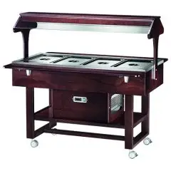 REFRIGERATED TROLLEY - MOD. ELR2825BT - Plywood birch structure - Static refrigeration - Temperature -5°/+5°C (with lids in place) - Plexiglass dome - Capacity N° 4 GN 1/1 h15 cm - Power supply 230V/1/50Hz - Dimensions cm L 148 x D 112 x H 141