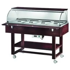 REFRIGERATED TROLLEY - MOD. ELR2826BT - Birch plywood structure - Static cooling - Temperature -5°/+5°C (with lids in place) - Plexiglass dome - Capacity N° 4 GN 1/1 h15 cm - Power supply 230V/1/50Hz - Dimensions cm L 148 x D 90 x H 126