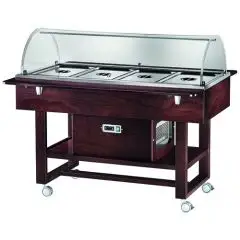 REFRIGERATED TROLLEY - MOD. ELR2827BT - Birch plywood structure - Static cooling - Temperature -5°/+5°C (with lids in place) - Plexiglass dome - Capacity N° 4 GN 1/1 h15 cm - Power supply 230V/1/50Hz - Dimensions cm L 148 x D 112 x H 125
