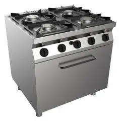 GAS COOKER, FREE-STANDING, 4-BURNERS - MOD. H7MZE4FO - Without pilot light - Gas oven, static GN 2/1 cm L 68,5 x D 53 x 35 H - Total power kW 26,9 - Dimensions: cm L 80 x D 70 x H 85 - CE approved
