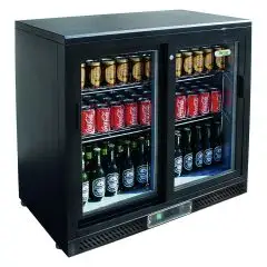 UNDERCOUNTER FRIDGE  - PAINTED STEEL/ALUMINIUM EXTERIOR - FOR BEVERAGES - Mod. G-BC2PS87 - VENTILATED COOLING - CAPACITY Lt 202 - N. 2 SLIDING GLASS DOORS - TEMPERATURE RANGE +2°/+8°C - Dimensions cm L90 x D53,5 x h87 - CE APPROVED