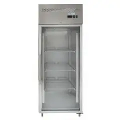 UPRIGHT FRIDGE - STAINLESS STEEL AISI 201 - VENTILATED COOLING - Mod. G-GN650BTG-FC - GASTRONORM 2/1 (cm 65x53) - SINGLE GLASS DOOR - CAPACITY LT 700 - TEMPERATURE RANGE -18°/-22º C - Dimensions cm L74 x D83 x h201 - CE APPROVED