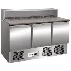 Refrigerated saladette and pizza counter - Stainless steel AISI 304 - Mod G-PS903 - Gastronorm 1/1 (cm 53 x 32,5) -Static cooling - N 3 solid door - Temperature range +2°/+8°C - Dimensions cm L 136,5 x D 70 x 110 H