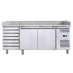 REFRIGERATED PIZZA COUNTER - STAINLESS STEEL AISI 201 - FOR PIZZA CONTAINERS cm 60x40 - VENTILATED COOLING - Mod. G-PZ2610TN FC - DOUBLE SOLID DOOR + 1 AMBIENT DRAWER UNIT WITH 7 DRAWERS - Temperature range -2°/+8°C - Dimensions cm 202X80X100 - CE APPROVE