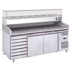 REFRIGERATED PIZZA COUNTER - STAINLESS STEEL AISI 201 - WITH PREP UNIT DISPLAY - COUNTER SUITABLE FOR PIZZA CONTAINERS cm 60x40 - VENTILATED COOLING - Mod. G-PZ2610TN33 FC - DOUBLE SOLID DOOR + 1 AMBIENT DRAWER UNIT WITH 7 DRAWERS - Temperature range -2°/