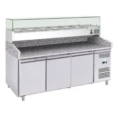 REFRIGERATED PIZZA COUNTER - STAINLESS STEEL AISI 201 - WITH PREP UNIT DISPLAY - COUNTER SUITABLE FOR PIZZA CONTAINERS cm 60x40 - VENTILATED COOLING - Mod. G-PZ3600TN33 FC - TRIPLE SOLID DOOR - Temperature range -2°/+8°C - Dimensions cm L202 x D80 x h143,