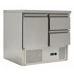 REFRIGERATED SALADETTE AND COUNTER - STAINLESS STEEL AISI 201 - Mod. G-S901-2D-FC - STATIC COOLING - GASTRONORM 1/1 (cm 53x32,5) -  SINGLE SOLID DOOR + N. 2 DRAWERS - TEMPERATURE RANGE +2°/+10°C - Dimensions cm L90 x D70 x h85 - CE APPROVED