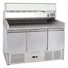 REFRIGERATED PIZZA COUNTER - STAINLESS STEEL AISI 201 - GASTRONORM 1/1 (cm 53x32,5) - STATIC COOLING - Mod. G-S903PZVRXGLASS FC - WITH PREP UNIT DISPLAY - TRIPLE SOLID DOOR - Temperature range +2°/+8°C - Dimensions cm L140 x D70 x h145,5 - CE APPROVED