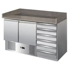 REFRIGERATED PIZZA COUNTER - STAINLESS STEEL AISI 201 - GASTRONORM 1/1(cm 53x32,5) - STATIC COOLING - Mod. G-S903PZCAS FC - DOUBLE SOLID DOOR + n. 6 AMBIENT DRAWERS - Temperature range +2°/+8°C - Dimensions cm L142 x D70 x h102 - CE APPROVED