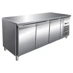 REFRIGERATED COUNTER - STAINLESS STEEL AISI 304 - VENTILATED COOLING - Mod. G-GN3100TN - GASTRONORM 1/1 (cm 53x32,5) - TRIPLE SOLID DOOR - GROSS CAPACITY Lt 417 - TEMPERATURE RANGE -2°/+8°C - Dimensions cm L179,5 x D70 x h86 - CE APPROVED