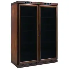 WOODEN WINE DISPLAY COOLER - Mod. KL2794 - Static cooling - TEMPERATURE RANGE +2°/+8°C / -18°/-22°C - Capacity Lt. 310 + 310 - Supply single phase 230V/1/50Hz - Power W 185 + 150 - Dimensions cm L128 x D61 x h186 - Weight Kg 260
