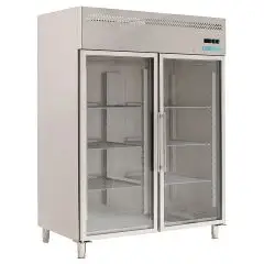 Upright freezer - Stainless steel AISI 201 - Mod M-GN1410BTG-FC - Gastronorm 2/1 (65 x 53 cm) - Ventilated - 2 glass doors - Capacity 1300 liters - Temperature -18°/-22°C - Dimensions cm L 148 x D 83 x 201 H