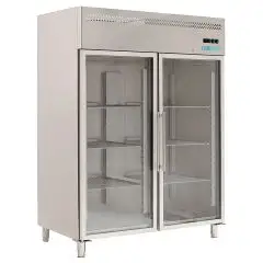 Upright fridge - Stainless steel AISI 201 - Mod M-GN1410TNG-FC - Gastronorm 2/1 (65 x 53 cm) - Ventilated - 2 glass doors - Capacity 1300 liters - Temperature 0°/+8°C - Dimensions cm L 148 x D 83 x 201 H
