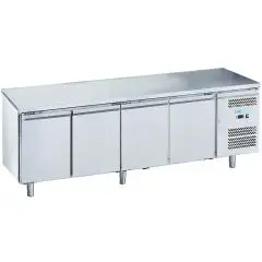Refrigerated counter - Stainless steel AISI 201 - Mod M-GN4100BT-FC - Gastronorm 1/1 (cm 53 x 32,5) - Ventilated - 4 doors - Gross capacity 553 liters - Temperature -18°/-22°C - Dimensions cm L 223 x D 70 x H 85