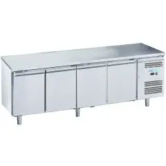 Refrigerated counter - Stainless steel AISI 201 - Mod M-GN4100TN-FC - Gastronorm 1/1 (cm 53 x 32,5) - Ventilated - 4 doors - Gross capacity 553 liters - Temperature +2°/+8°C - Dimensions cm L 223 x D 70 x H 85