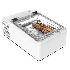 REFRIGERATED COUNTERTOP DISPLAY CASE - MOD. CREAM 2V W - ENERGY SAVING -10% - CAPACITY LT. 28 - STATIC COOLING - TEMPERATURE RANGE -10°/-22° - Dim. Cm. L 49 x D 79 x h 34,5 - CE standards
