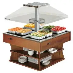 HOT ISLAND BUFFET DISPLAY - MOD. LAGO8HOT - WOODEN FRAME - SUPPLY THREE PHASE V 400/3/50 Hz - TEMPERATURE °C +30/+90 - TOTAL POWER W 3600 - DIMENSIONS Cm L 140 x D 140 x h 171 - WEIGHT Kg 112