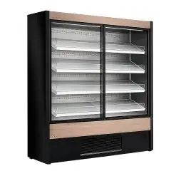 VENTILATED SELF-SERVICE REFRIGERATED WALL DISPLAY - TEMPERATURE +0/+2 &deg;C - FOR DRINKS, DAIRY PRODUCTS, PRE-PACKAGED PRODUCTS - MOD. OLIMPO OM W - WITH SLIDING DOORS - THREE TILTING SHELVES