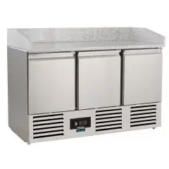 REFRIGERATED SALADETTE AND PIZZA COUNTER - AISI 304 STAINLESS STEEL - Mod SF 903 PZ - STATIC-COOLED WITH FAN - GASTRONORM 1/1 (cm 53 x 32,5) - N 3 REFRIGERATED DOORS - TEMPERATURE +2°/+8°C - Dim cm L 140 x D 70 x h 101