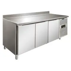 REFRIGERATED TABLE WITH UPSTAND - AISI 304 STAINLESS STEEL - VENTILATED COOLING - Mod SNACK 3200 BTF - N 3 DOORS - CAPACITY Lt 386 - TEMPERATURE -18°/-22°C - Dim cm L 179,5 x D 60 x h 96