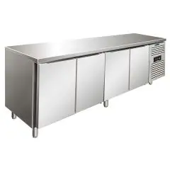 REFRIGERATED TABLE - AISI 304 STAINLESS STEEL - VENTILATED COOLING - Mod SNACK 4100 TNF - N 4 DOORS - CAPACITY Lt 511 - TEMPERATURE -2°/+8°C - Dim cm L 223 x D 60 x h 86