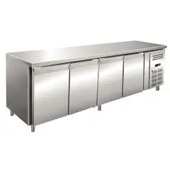REFRIGERATED TABLE - AISI 304 STAINLESS STEEL  - VENTILATED - Mod UOCEM4100TN - 4 DOORS - CAPACITY 511 lt - TEMPERATURE -2°/+8°C - Dimensions cm L 223 x D 60 x H 86 - CE Standard