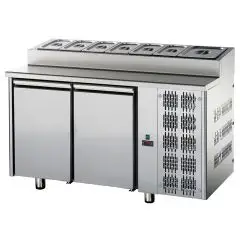 REFRIGERATED COUNTER - STAINLESS STEEL AISI 304 - Mod. TF02MIDGNSK - VENTILATED COOLING - GASTRONORM 1/1 - SNACK PREP COUNTERTOP - N. 2 DOORS - TEMPERATURE 0°/+10°C - Dimensions cm. L 142 x D 70 x H 95/102 - EC standards