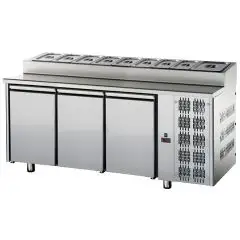 REFRIGERATED COUNTER - STAINLESS STEEL AISI 304 - Mod. TF03MIDGNSK - VENTILATED COOLING - GASTRONORM 1/1 - SNACK PREP COUNTERTOP - N. 3 DOORS - TEMPERATURE 0°/+10°C - Dimensions cm. L 187 x D 70 x H 95/102 - EC standards
