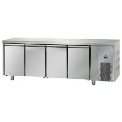 REFRIGERATED COUNTER - STAINLESS STEEL AISI 304 LT - VENTILATED COOLING - Mod. UG04MBT - GASTRONORM 1/1 - N. 4 DOORS - TEMPERATURE -18°/-22°C - Dimensions cm L 232 x D 71,5 x H 85/92 - EC standards