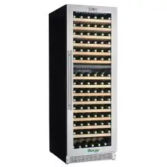 REFRIGERATED WINE DISPLAY - MOD. G-VI180D - Ventilated - Temperature +5°/+12°C / +12°/+20°C - 1 glass door - Black painted sheet metal structure - Gross capacity Lt. 379 - Power W 160 - Power supply 220-240V/1/50Hz - Dimensions cm L 71 x D 59,5 x H 172
