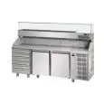 REFRIGERATED PIZZA COUNTER - STAINLESS STEEL AISI 304 - FOR PIZZA PANS cm 60x40 - COUNTERTOP DISPLAY FOR GN 1/4 PANS cm 26,5X16,2 - VENTILATED COOLING - Mod. QA03MC6VR - N. 2 DOORS - N. 6 AMBIENT DRAWERS - TEMPERATURE 0°/+10°C - Dimensions cm. L 216 x D 8