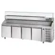 REFRIGERATED PIZZA COUNTER - STAINLESS STEEL AISI 304 - FOR PIZZA PANS cm 60x40 - COUNTERTOP DISPLAY FOR GN 1/4 PANS cm 26,5X16,2 - VENTILATED COOLING - Mod. QA04M80VR - N. 4 DOORS - TEMPERATURE 0°/+10°C - Dimensions cm. L 271 x D 80 x H 149/156 - EC stan