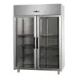 UPRIGHT FRIDGE - STAINLESS STEEL - VENTILATED COOLING - Mod. BG14ETNPV - GASTRONORM 2/1 - CAPACITY LT 1400 - N. 2 GLASS DOORS - TEMPERATURE 0°/+10°C - Dimensions cm L 142 x D 80 x H 203/210 - EC standards