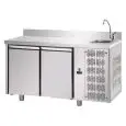 REFRIGERATED COUNTER WITH UPSTAND - STAINLESS STEEL AISI 304 - Mod. UG02MGNLAL - SINK INCLUDED - VENTILATED COOLING - GASTRONORM 1/1 - N. 2 DOORS - TEMPERATURE 0°/+10°C - Dimensions cm. L 142 x D 70 x H 115/120 - EC standards