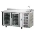 REFRIGERATED COUNTER WITH UPSTAND - STAINLESS STEEL AISI 304 - Mod. UG02MPVLAL - SINK INCLUDED - VENTILATED COOLING - GASTRONORM 1/1 - N. 2 GLASS DOORS  TEMPERATURE 0°/+10°C - Dimensions cm. L 142 x D 70 x H 115/120 - EC standards