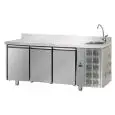REFRIGERATED COUNTER WITH UPSTAND - STAINLESS STEEL AISI 304 - Mod. UG03MGNLAL - UPSTAND AND SINK INCLUDED - VENTILATED COOLING - GASTRONORM 1/1 - N. 3 DOORS - TEMPERATURE 0°/+10°C - Dimensions cm. L 187 x D 70 x H 115/120 - EC standards