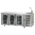 REFRIGERATED COUNTER - STAINLESS STEEL AISI 304 - Mod. UG03MPVL - SINK INCLUDED - VENTILATED COOLING - GASTRONORM 1/1 - N. 3 GLASS DOORS  TEMPERATURE 0°/+10°C - Dimensions cm. L 187 x D 70 x H 115/120 - EC standards