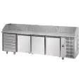 REFRIGERATED PIZZA COUNTER - STAINLESS STEEL AISI 304 - Mod. QA04MC6 - FOR PIZZA PANS cm 60x40 - VENTILATED COOLING - N. 3 DOORS - N. 6 AMBIENT DRAWERS cm 60x40 - TEMPERATURE 0°/+10°C - Dimensions cm. L 271 x D 80 x H 103/110 - EC standards
